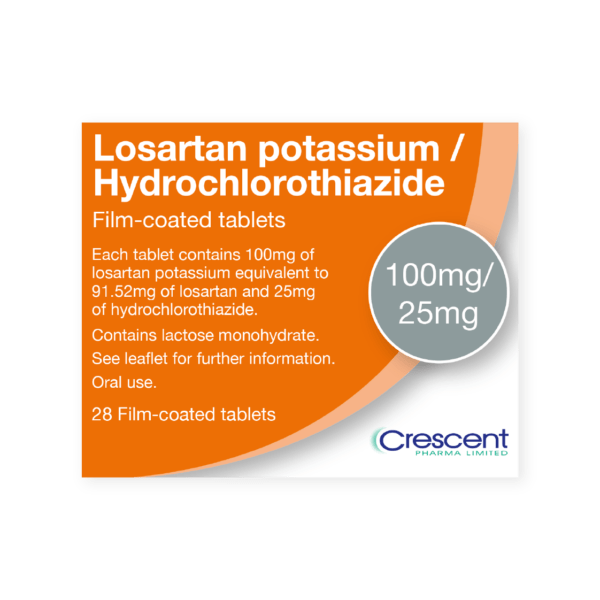 Losartan Potassium HCTZ 100mg/25mg Film-coated Tablets, Crescent Pharmaceuticals, Crescent Pharma, Crescent Medical UK, Crescent Manufacturing, Crescent R&D, Thorpe Laboratoires, Andover Warehouse, Barnsley Warehouse, M&A Pharma, M&A Pharmachem, Archimedis, Uk Generic Medicine, Uk Pharmaceuticals